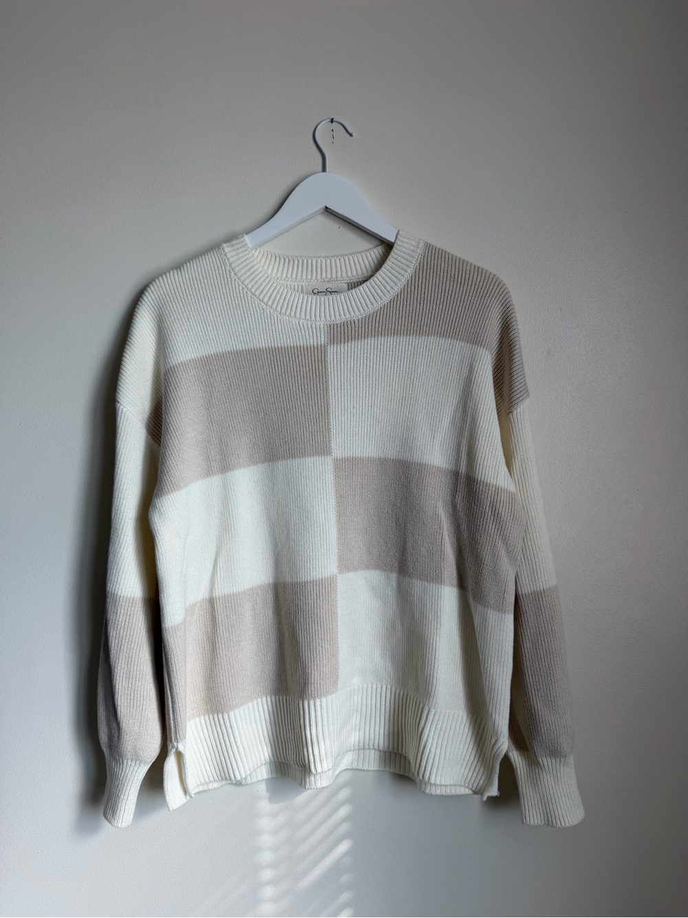 Jessica Simpson Neutral Checkered Crewneck Sweater Cream/Tan Medium